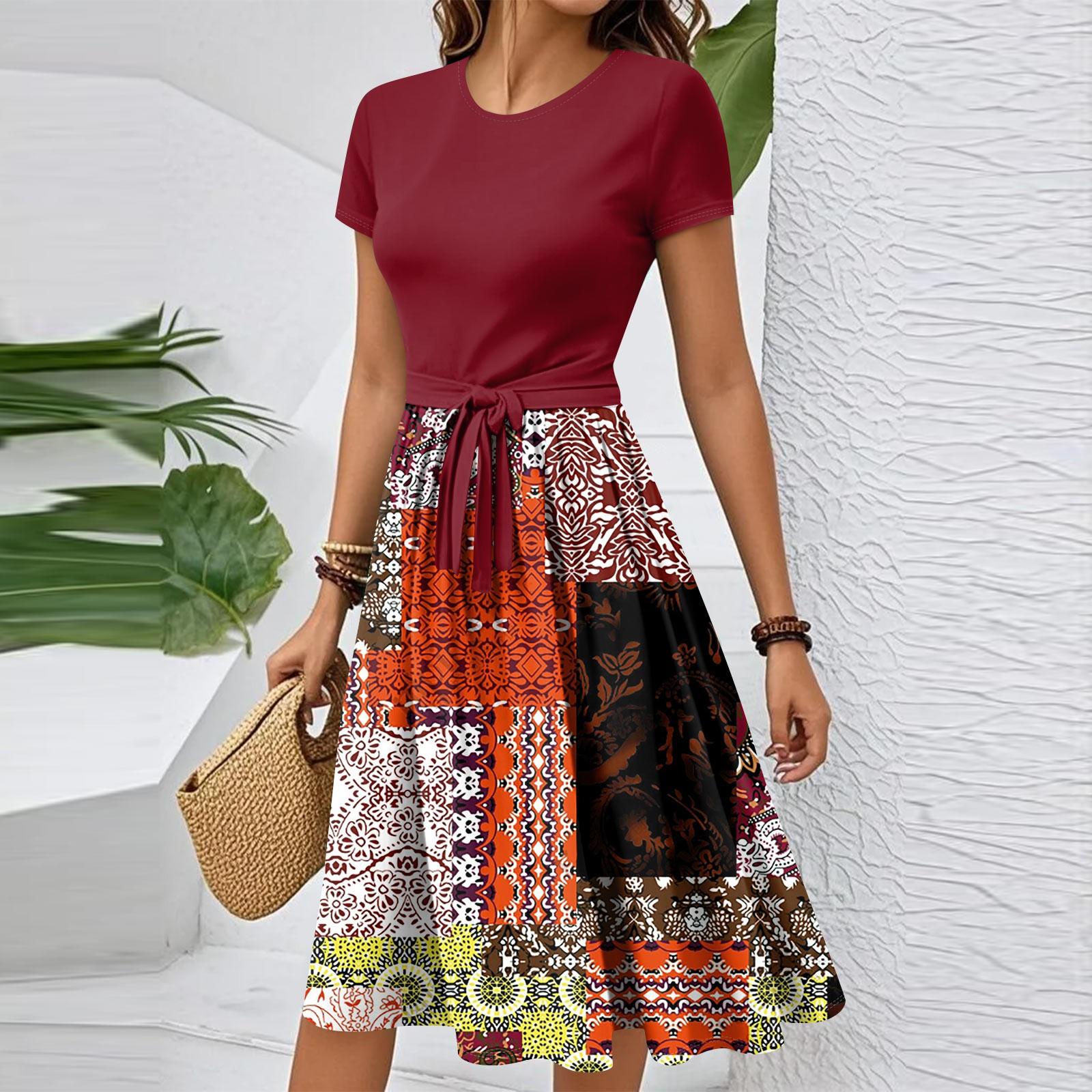 

Женское повседневное модное элегантное платье с поясом и винтажным принтом с коротким рукавом и круглым вырезом L винный