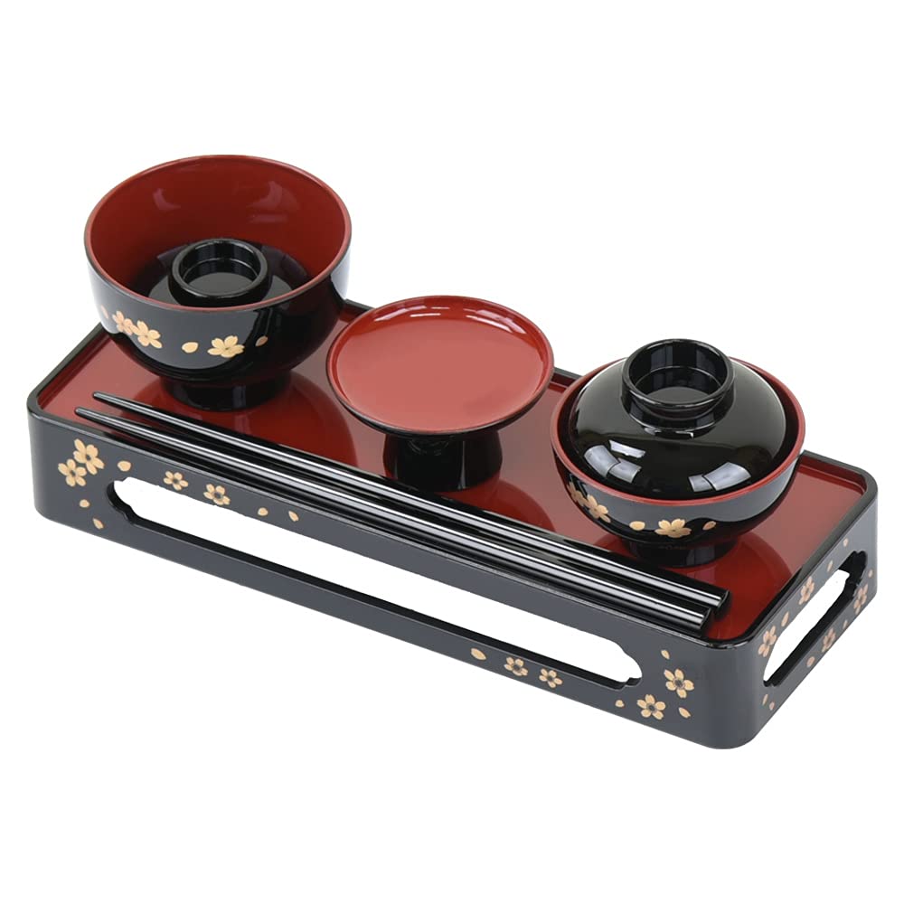 Hasegawa Buddhist Altar Simple Spirit Food Meal Set, Black with Red Interior and Cherry Blossom Design, 6.5cm, Buddhist Altar Food Set, Spirit