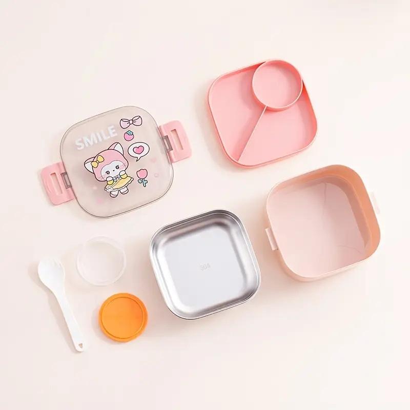 Tragbare Kinder Lunchbox Edelstahl Bento Box Mit Geschirr Cartoon Lebensmittelaufbewahrung Picknick im Freien Obstsalat Box