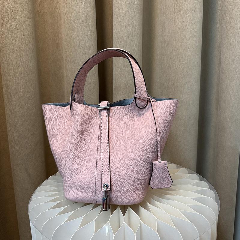 First Layer Cowhide Niche Handbag High Version Vegetable Basket Bag Genuine Leather Large Capacity High-end Sense Exquisite Bucket Bag