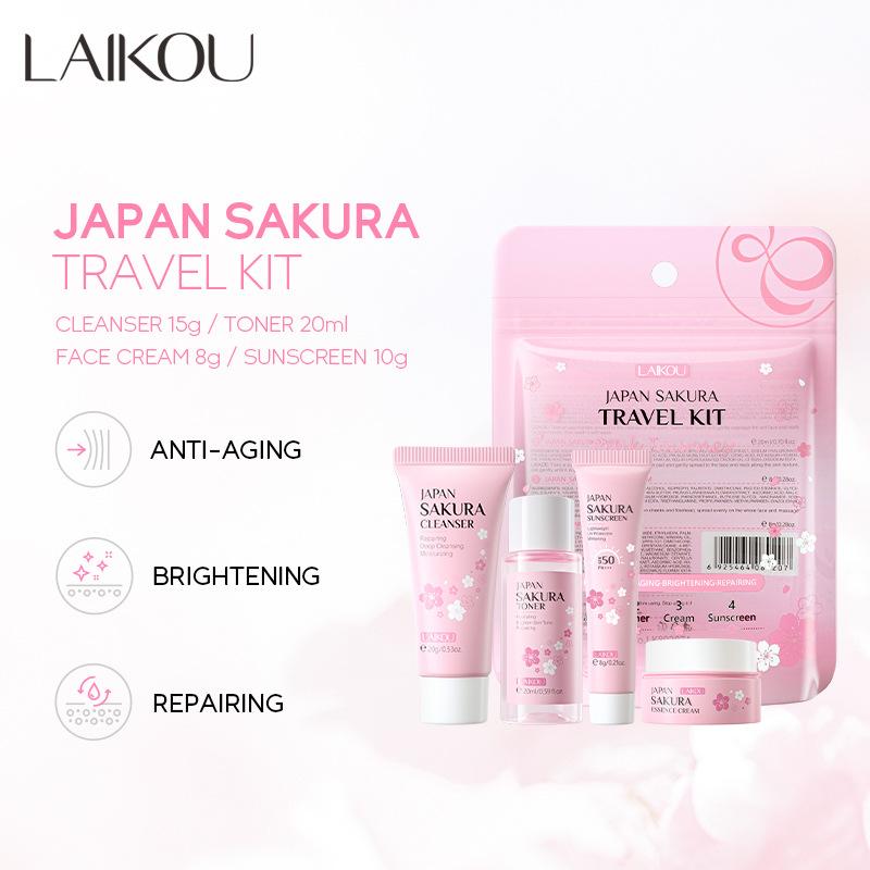 LAIKOU Japan Sakura Skin Care Travel Set 4 Pcs Cleanser, Toner, Cream, Essence