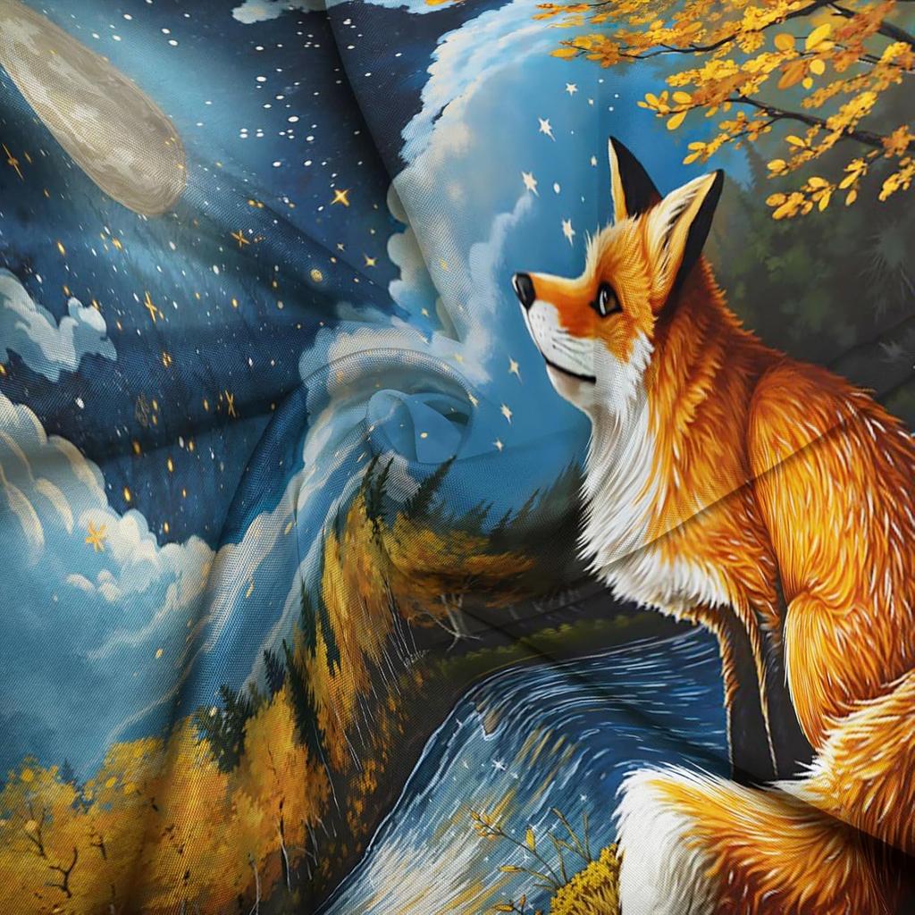 Fox Shower Curtain Autumn Forest Moon Night Scene Starry Sky Wildlife Comping Hunting Nature Lake Fall Maple Leaf Watercolor