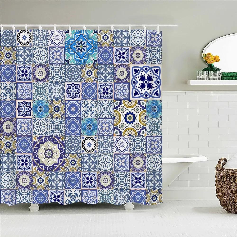 Bohemian 3D Shower Curtain, Indian Mandala Flower Green Blue Chic Color Modern Pattern Bathroom Fabric Home Decor Shower Curtain