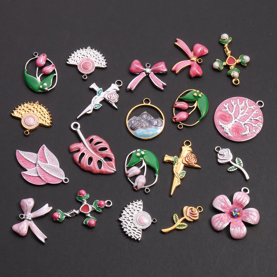 3pc Girl Pendant Hot Pink Oil Dripping Stainless Steel Plant Tree Flower Charm Pendants For Jewelry Making Supplies DIY Keychain