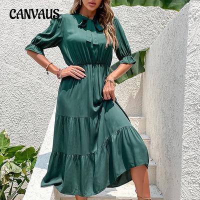 Summer Women's Dress Wrinkled Bow Flutter Solid Colour Dresses