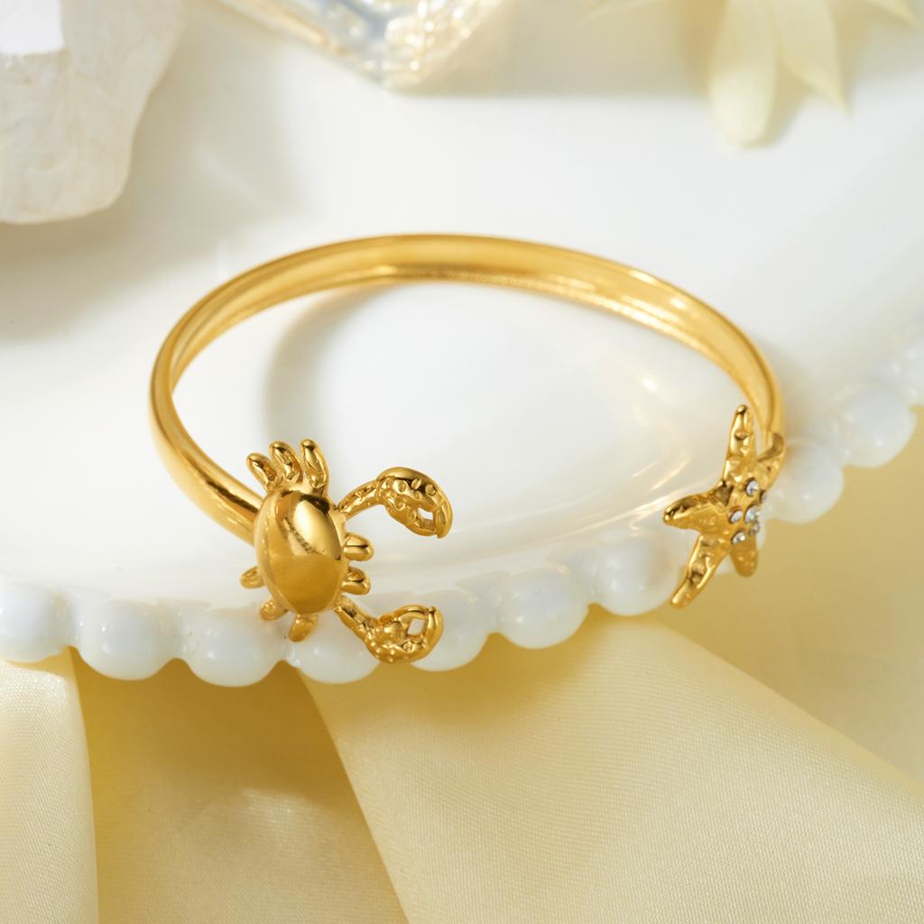 Bohemian Shell Mermaid Tail Stainless Steel Cuff Bracelet for Women Romantic Crab Starfish Open Bangle Beach Party Jewelry Gift