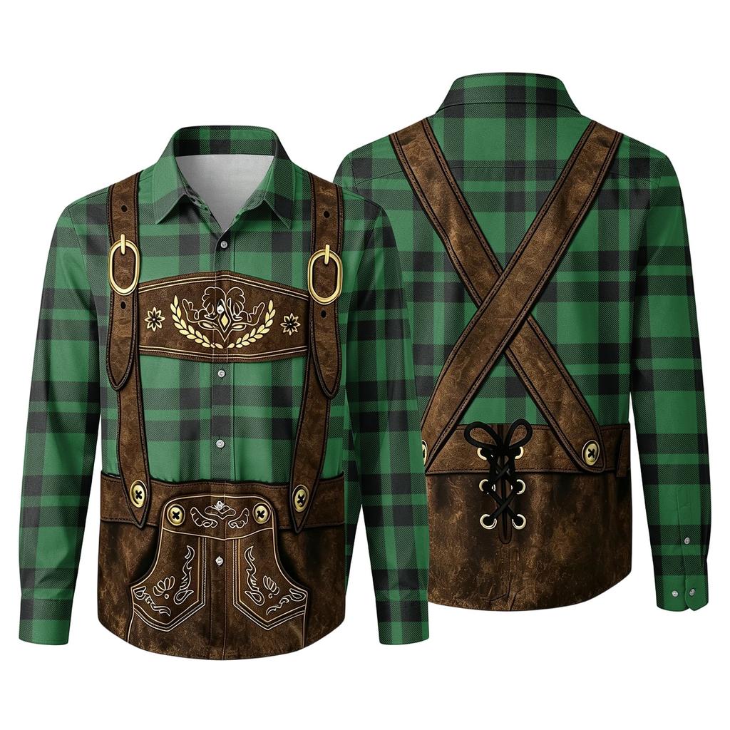 Herren Langarmhemd mit 3D-Druck Karomuster Klassischer Kragen Lockerer Schnitt Vintage-Stil für Festivals Partys und Outdoor-Aktivitäten