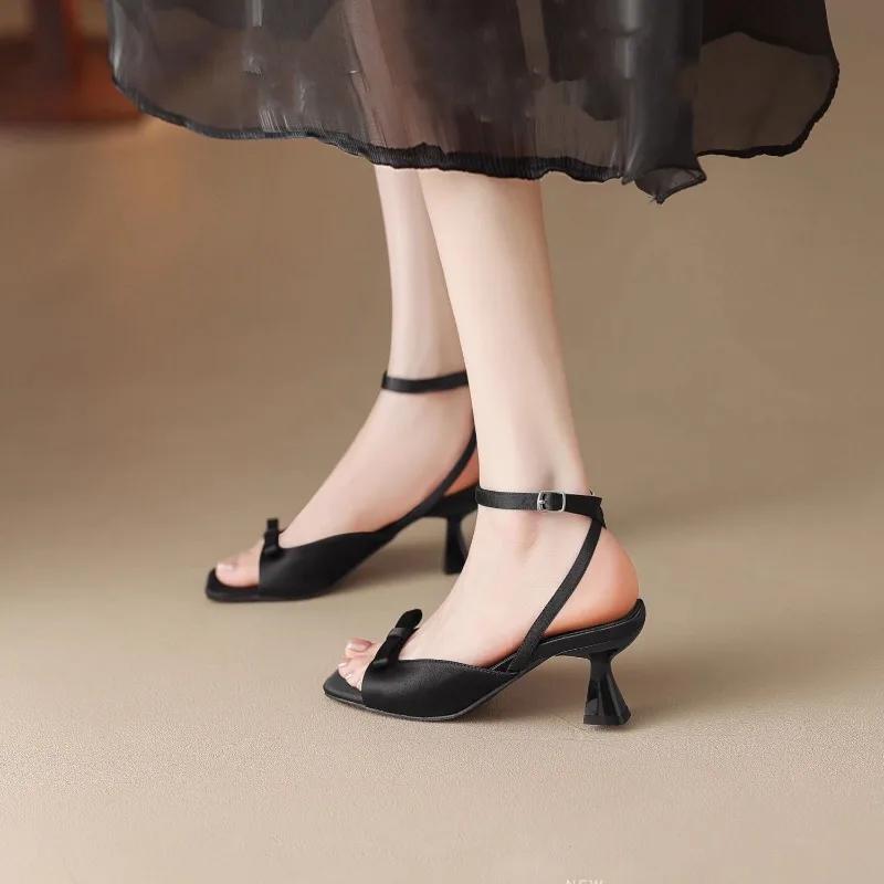 Fashion 2025Stiletto Sandals Women Summer New Square Toe Open Toe Bow Slip Strap Anti-slip Wear-resistant Delicate High Heels