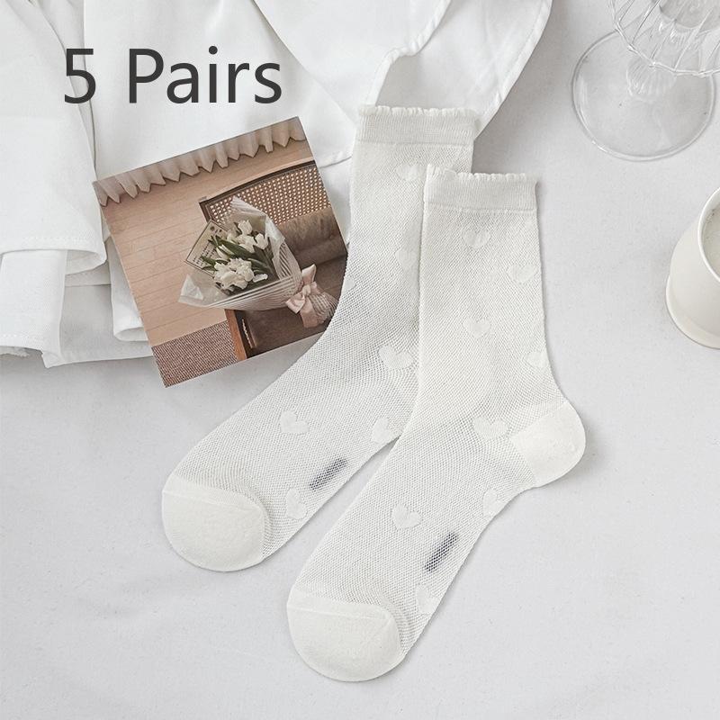 5 Pairs of Female Spring and Summer Thin Style Bow Lace Mesh All Match In The Tube Cotton Socks