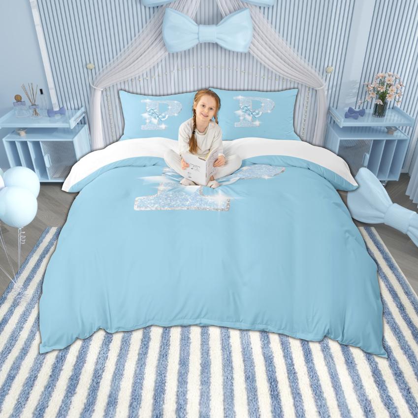 

Comforter Homewish Personalized Initial Letter O To Z Dreamy Blue Bow Knot Bedding For Girls Glitter Print Decor Comforter (quilt)-EU Single(135*200cm)3pcs