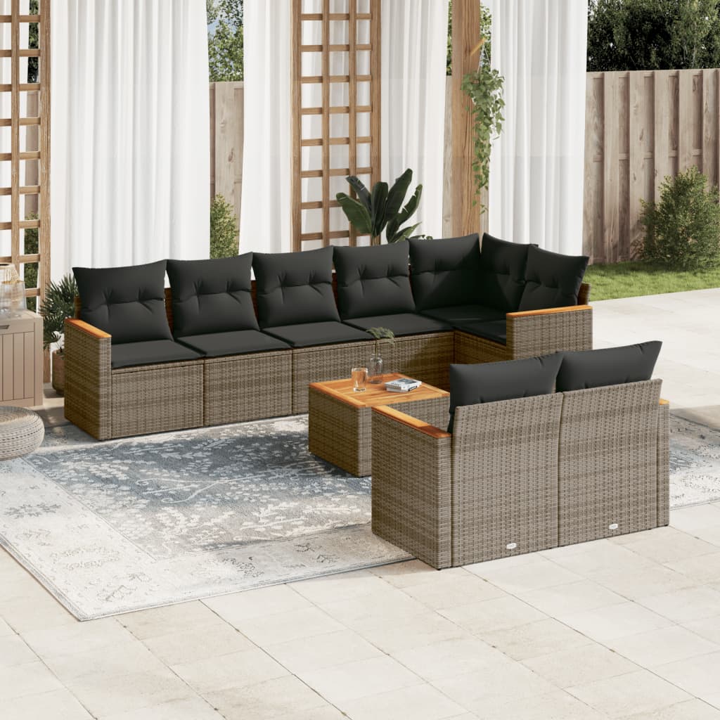 Vidaxl 9-Cz. Garden Furniture Set With Cushions, Grey, Poly Rattan