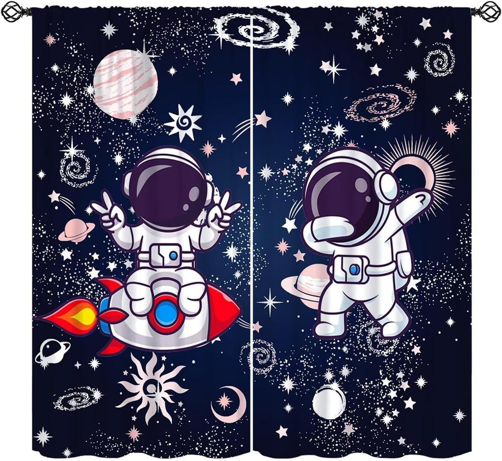 Cartoon Space Universe Curtains,Solar System Planet Rocket Spacecraft Print Decor Rod Pocket Window Treatments For Kids Girls