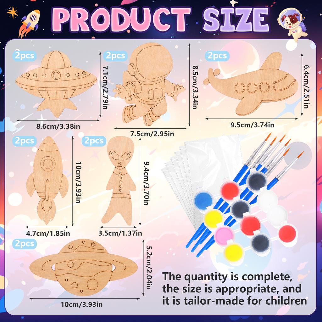12 Pcs Astronaut Space Birthday Theme Party Favors Wooden Painting Crafts Kits Bulk With Game Cards Paint Brushes Decorations Fo