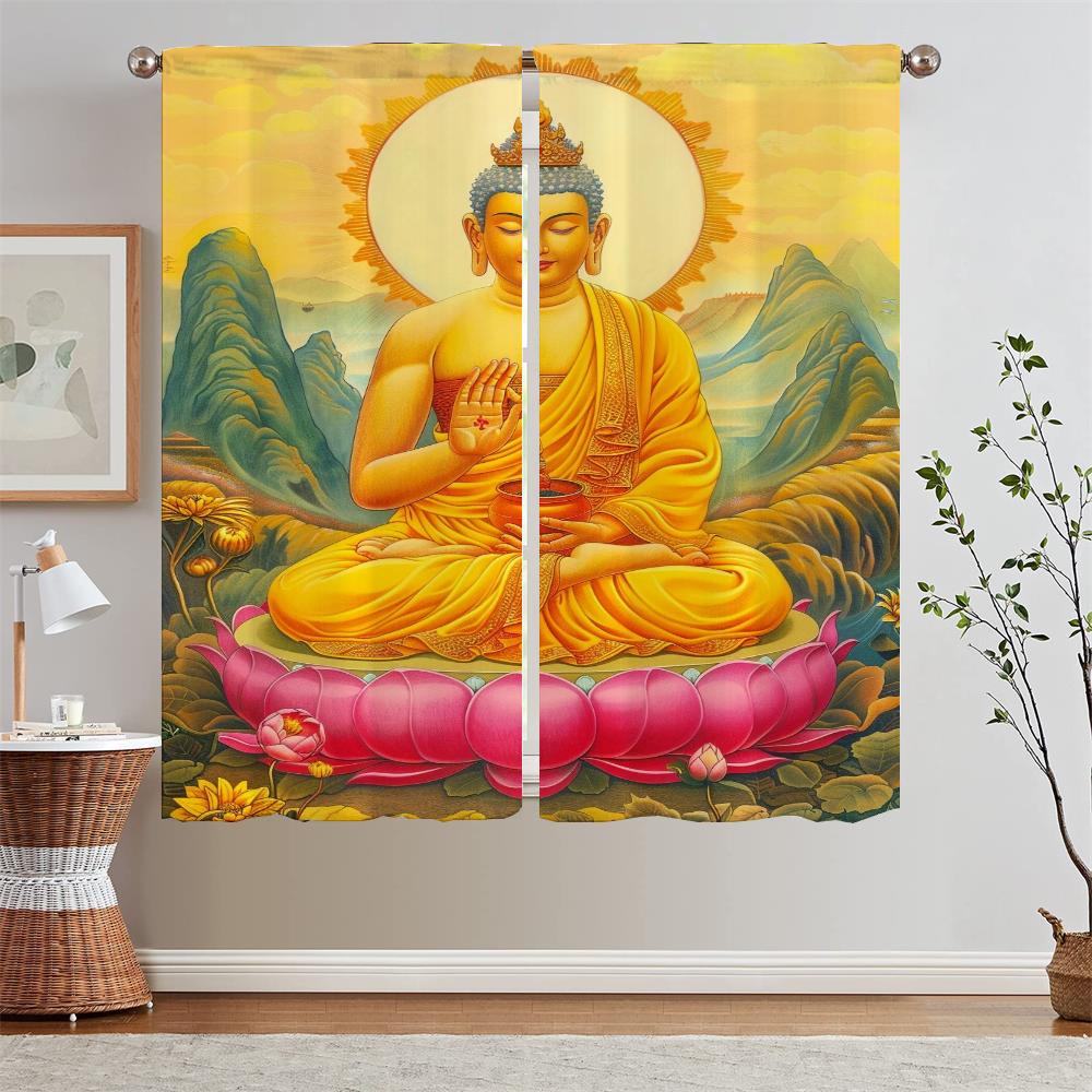 

Кухонная занавеска для детской комнаты Тускло освещенные шторы Будда затемняющие шторы в гостиной Украшение перегородки жалюзи кудри W50xH70cmx2pcs-CL