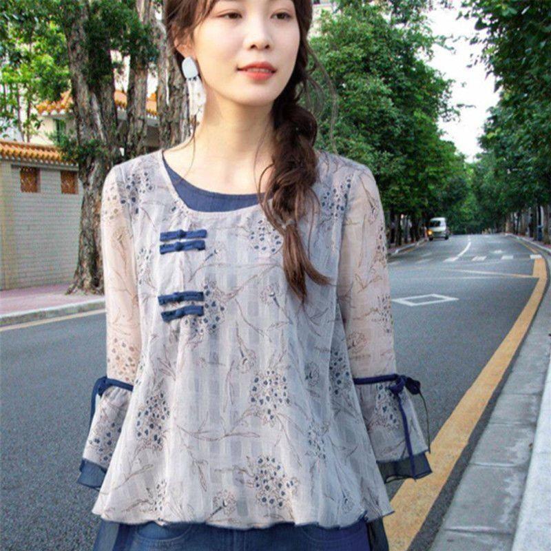 Chiffon Shirt Top for Women in Summer New Retro Loose Slimming Belly Fashion Versatile Versatile Versatile Sleek Shirt for Women