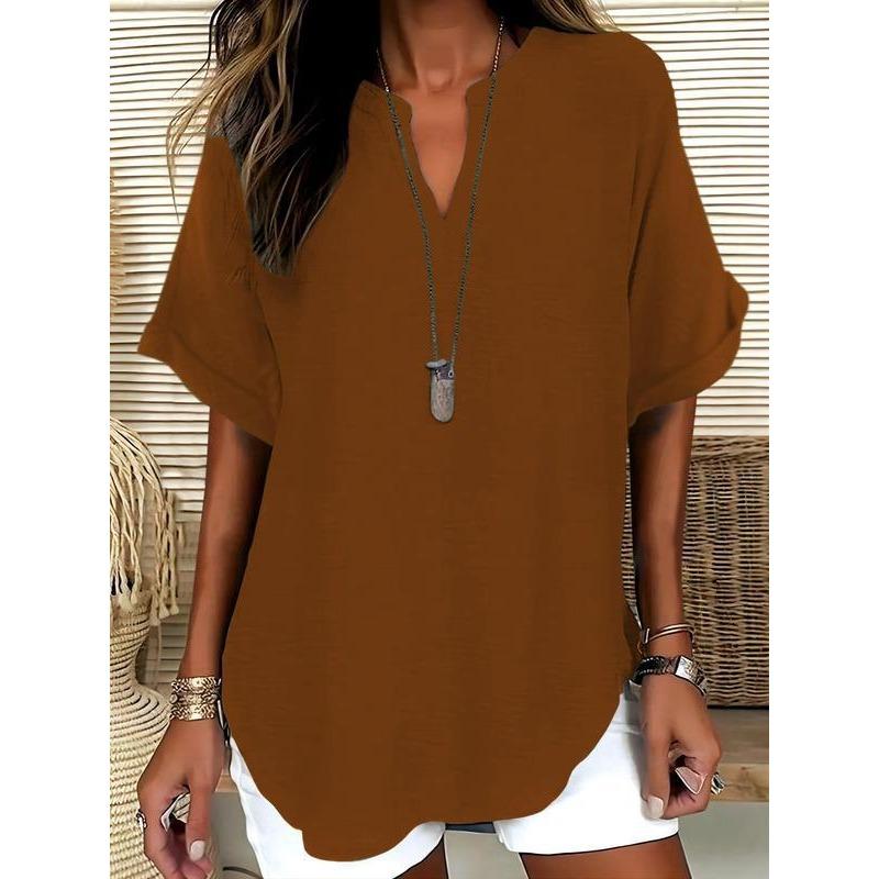 Summer Loose and Fashionable Pure Color V-neck Casual Women's T-shirts