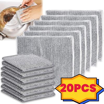 20/1pcs Magic Dishcloth Silver Wire Cleaning Cloths Kitchen Dish Pot Washing Cloth Double-sided Thickened Towels Steel Wire Rags