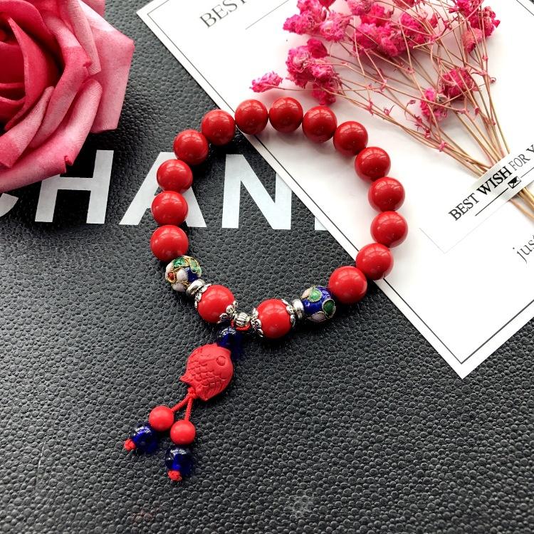 Retro red cinnabar cloisonne bracelet fashionable versatile literary and ethnic style fringed bracelet safe natal year accessories