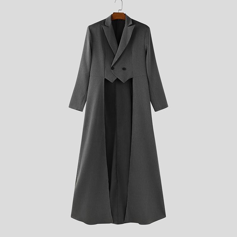 INCERUN Men Peak Lapel Solid Color High Low Irregular Splits Maxi Blazer Coats
