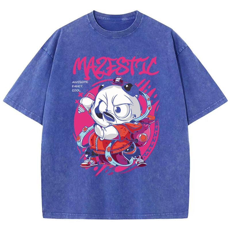 Street Woman Washed T-Shirts Niedliche Cartoons Kung Fu Panda-Print Kurzarm Rundhals Baumwolle Oversize Tops Kleidung