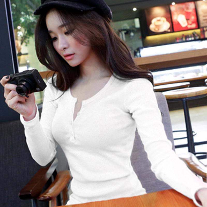 2024 Autumn Slim Solid Color Long-Sleeve Women's Korean T-Shirt