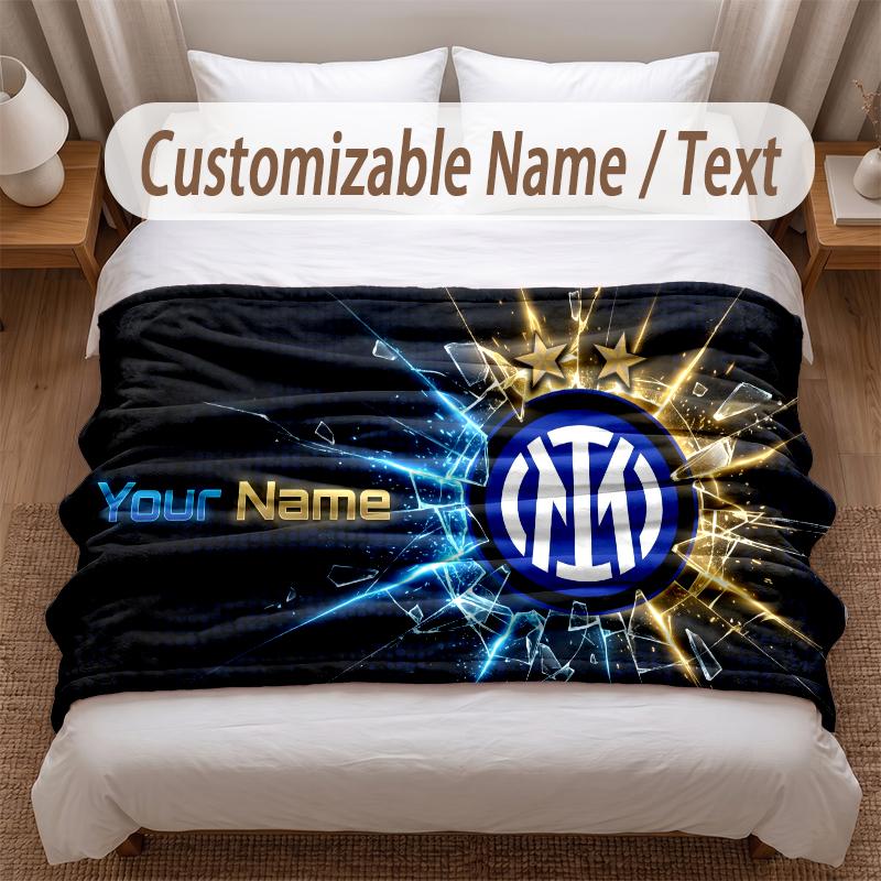 Inter Milan Printed Flannel Blanket Custom Name Text Soft Warm Throw For Bedroom Holiday Gift
