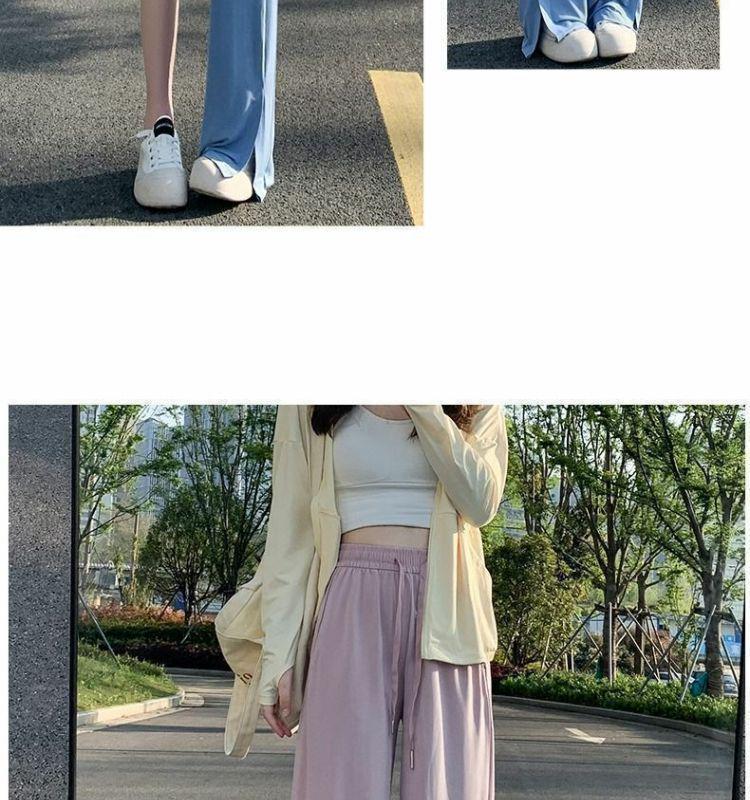 Plus Size Women's High-Waisted Wide-Leg Ice Silk Summer Pants with Split Drape and Sun Protection.