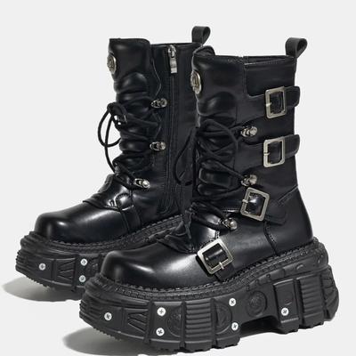 Women's  New Niche Internet Celebrity Muffin Platform Locomotive Punk Goth Lace-up Medium Boots