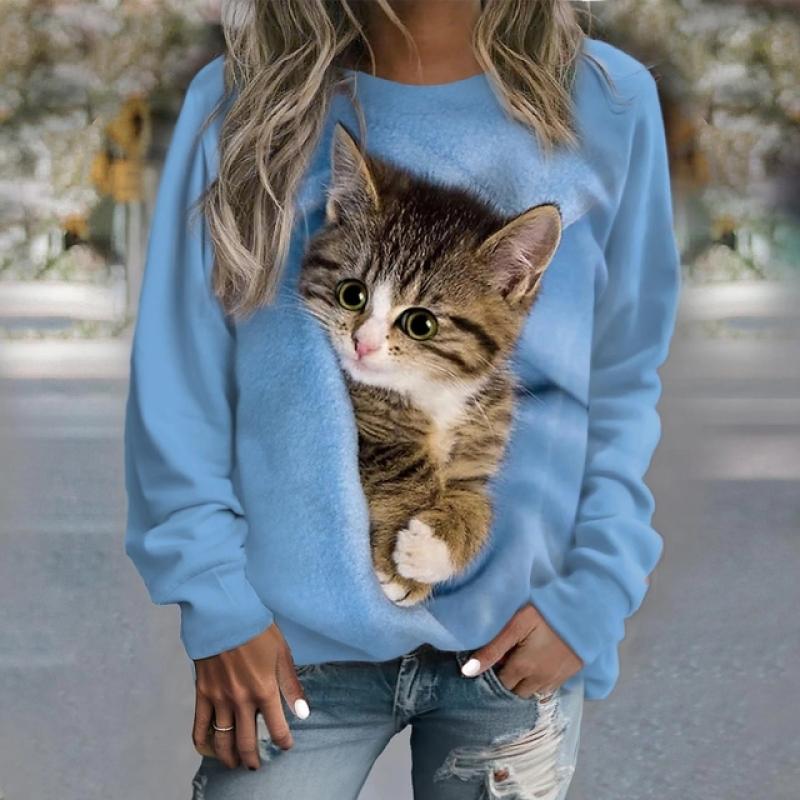 Women's Sweater Pullover T-Shirt Fashion Kitten Print Long Sleeve T Shirt Girls Street Casual Ladies Clothes O-Neck Sweatershirt