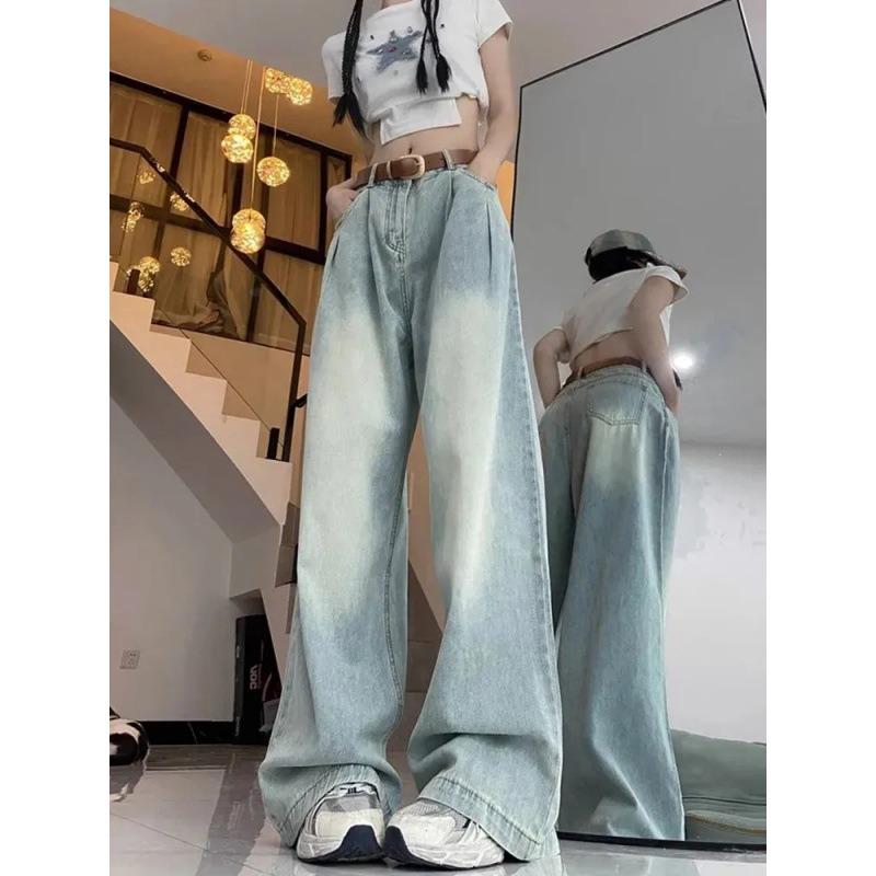 Blue-gray Wide-leg Jeans Women's Spring New High-waisted Straight Loose Niche Design Mopping Pants