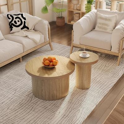 Coffee Table Set, Double Round Table with Natural Wood Slats, Side Table, Multifunctional, Modern Design, Space-saving, for Living Room
