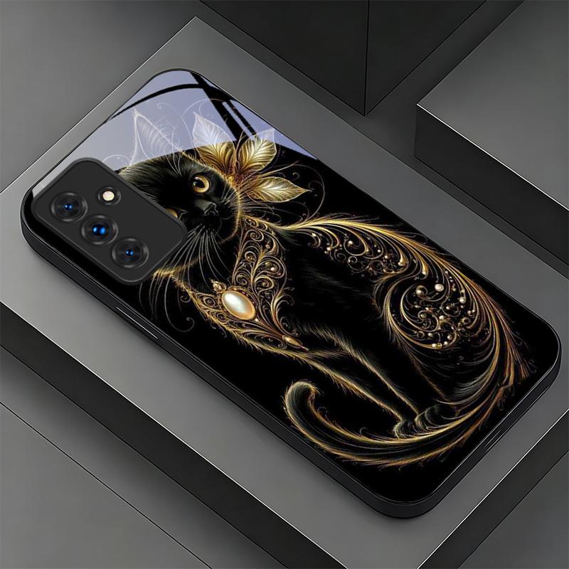 Luxury Jeweled Cat Black Phone Case For Samsung A32 A33 A34 A35 A36 A37 A51 52 52s A53 A54 A55 A56 A57 A71 A72 A73 Glass Cover