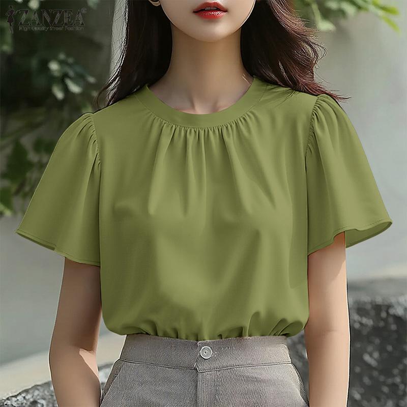 

ZANZEA Women Summer O-neck Casual Short Sleeve Plain Blouse S бежевый