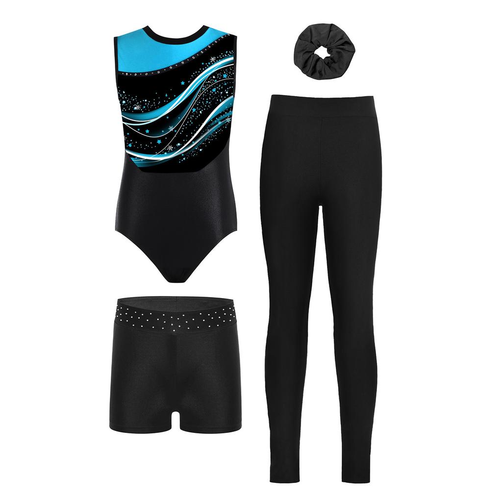 4-Piece Girls Gymnastics Dance Set Sleeveless Color Block Leotard with Rhinestone Shorts Leggings Hair Band