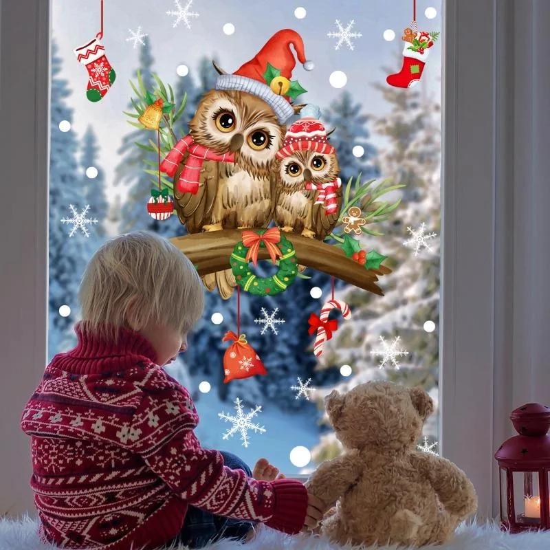 Christmas Branch Cartoon Owl Glass Sticker Christmas Window Decoration Sticker Self-adhesive Wall Sticker