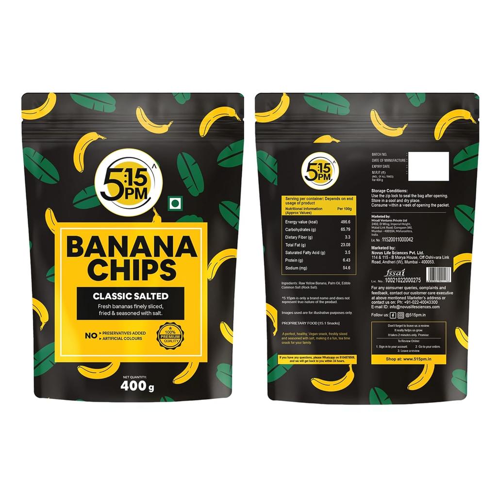 5:15PM Kerala Bananenchips 400g X Packung 2er-Packung | Knusprige gelbe Waffeln Snacks Klassischer gesalzener Geschmack