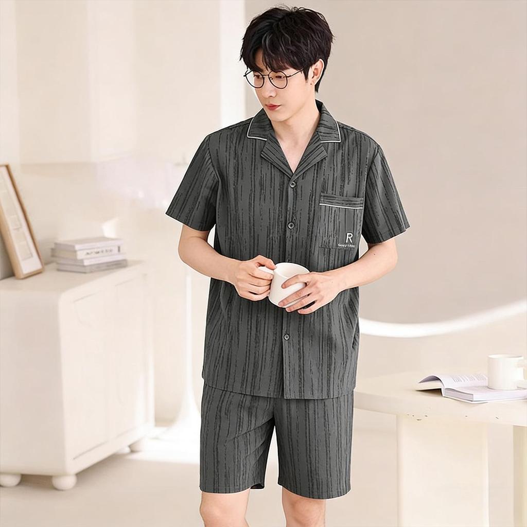 Men's Summer Short Sleeve & Long Pants 3-Piece Plus Size Set - Lightweight Cool Home Wear