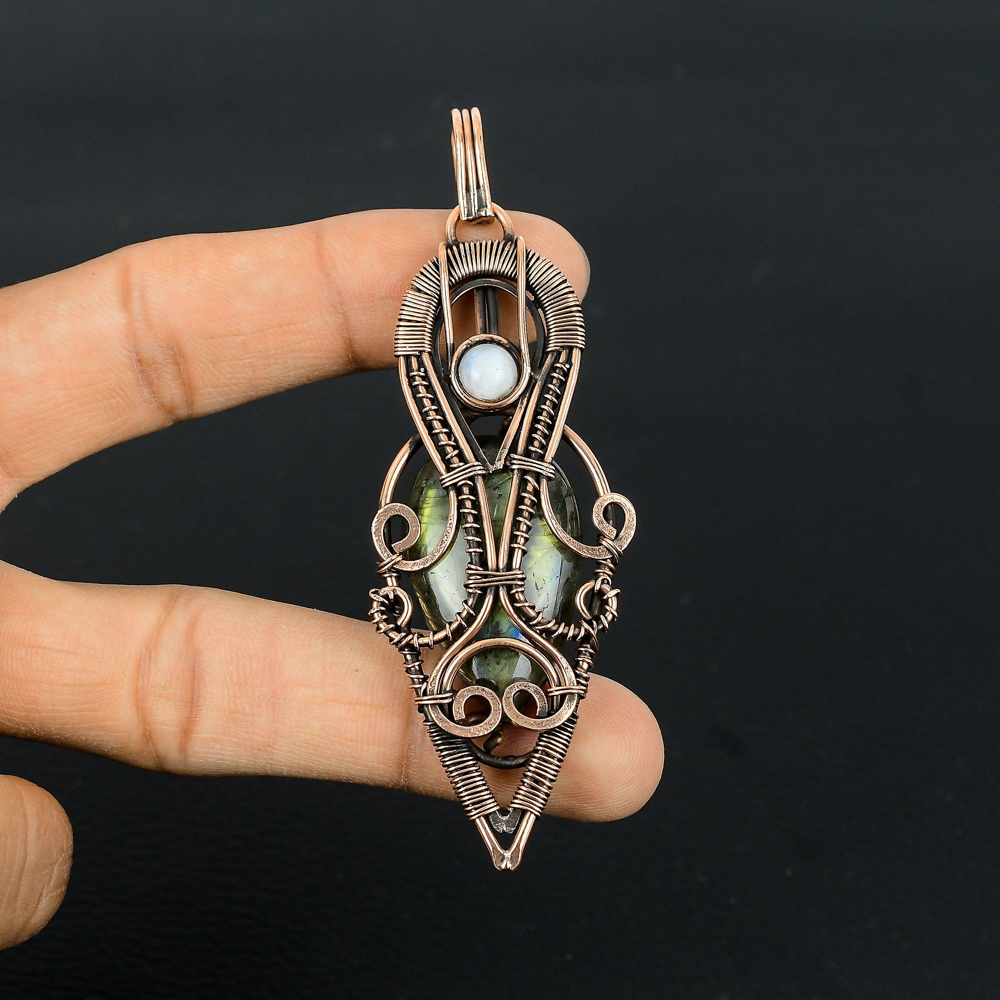 

Подвеска из лабрадорита, Подвеска ручной работы, обернутая медной проволокой 999 пробы, Антикварное украшение, Для подарка, Серебряное украшение 2.55