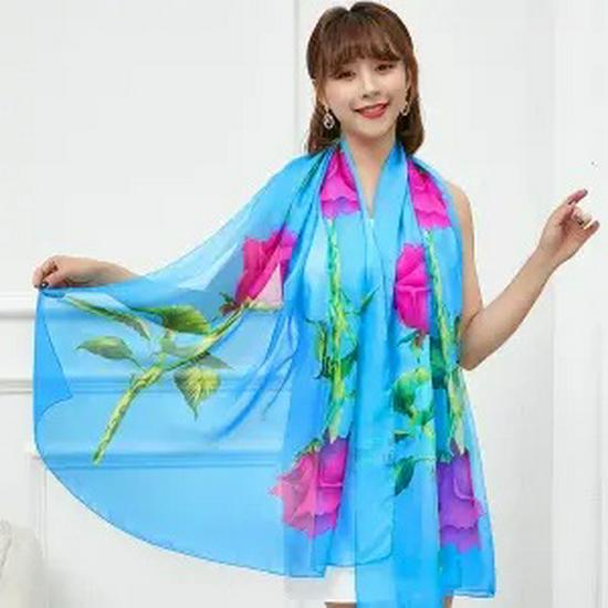 Asciugamano da Spiaggia Oversize in Chiffon Primavera e Autunno Donna Protezione Solare Sciarpa Floreale con Motivo Broccato Sciarpa Lunga
