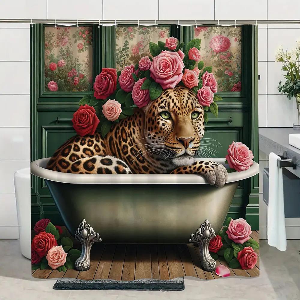 Jungle Wildlife Shower Curtain Tiger Plant Tropical Palm Leaf Polyester Fabric Shower Curtain Bathroom Decoration With Hooks S