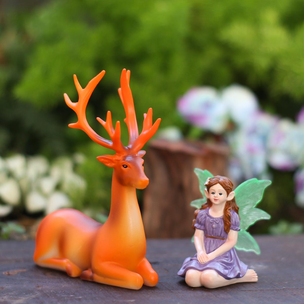 2 Flower Fairy and Deer, Fluorescent Winged Fairy, Bonsai Decorative Statue, Family Gift