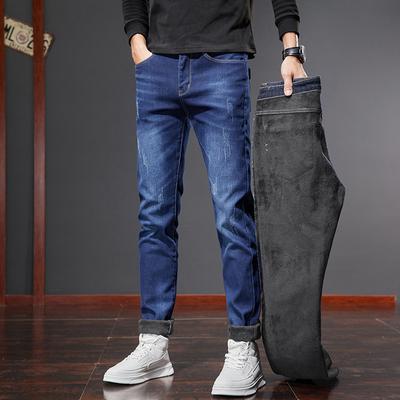 Elastic And Soft Jeans For Men, Slim And Comfortable, Versatile, Slim Fit Straight Leg Pants With Plush Lining, Casual Pants