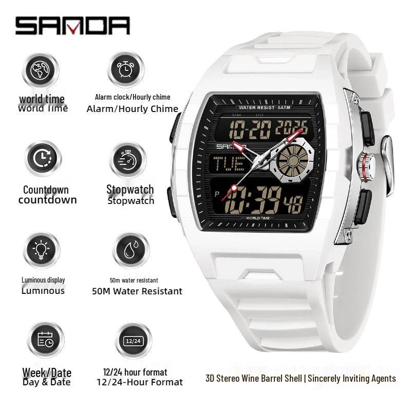 Sanda Men's Sports Barrel-Shaped Luminous Countdown Watch with Triple Time Zone and Dual Display, Waterproof Design.