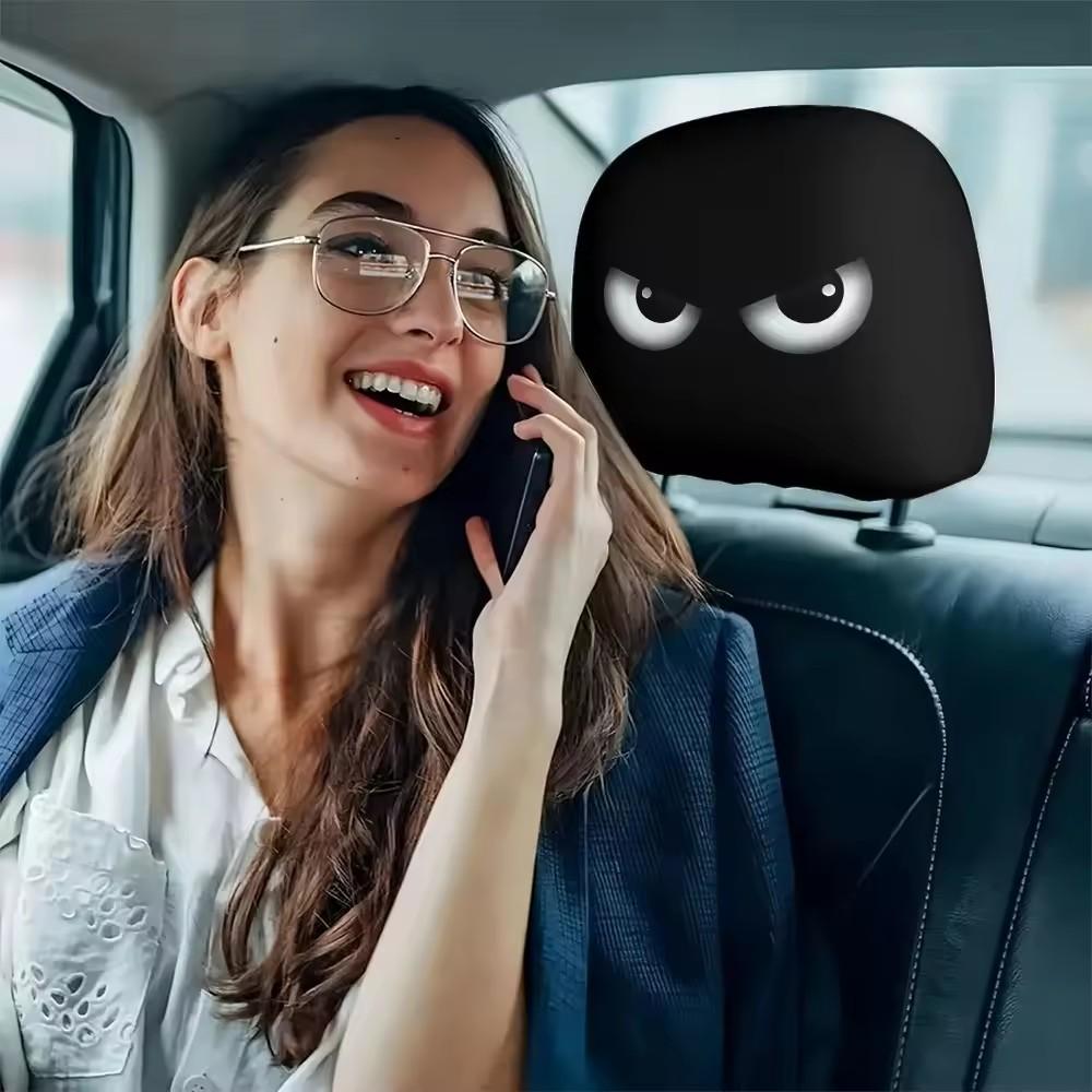 2PCS Funny Slanted Eyes Cartoon Print Car Pillowcase Cover Soft Comfortable Automobile Auto Seat Headrest Washable Fabric