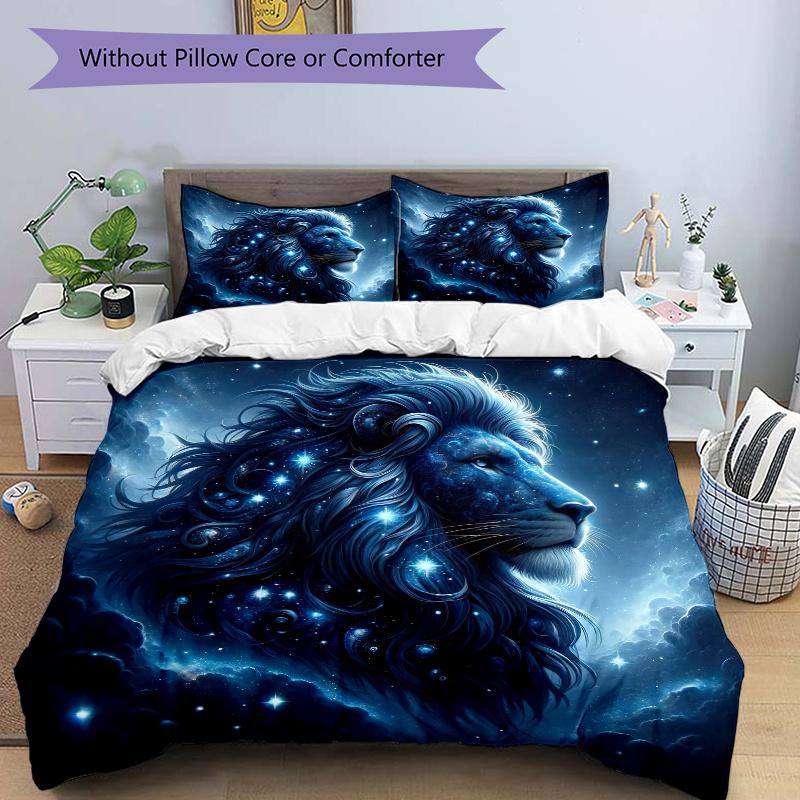 3pcs Starry Sky Majesty Lion Printed Bedding Set, Soft and Comfortable Quilt Cover for Bedroom, Guest Room 135x200cm
