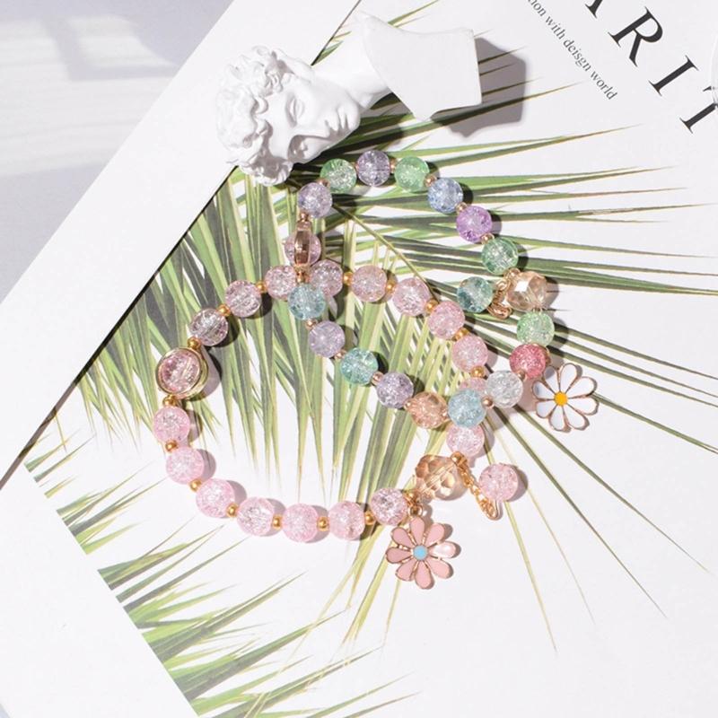 Elegant Crystal Flower Beaded Bracelet for Women Strand Beaded Bracelet Jewelry Strawberry Daisy Flower Wristband Chain