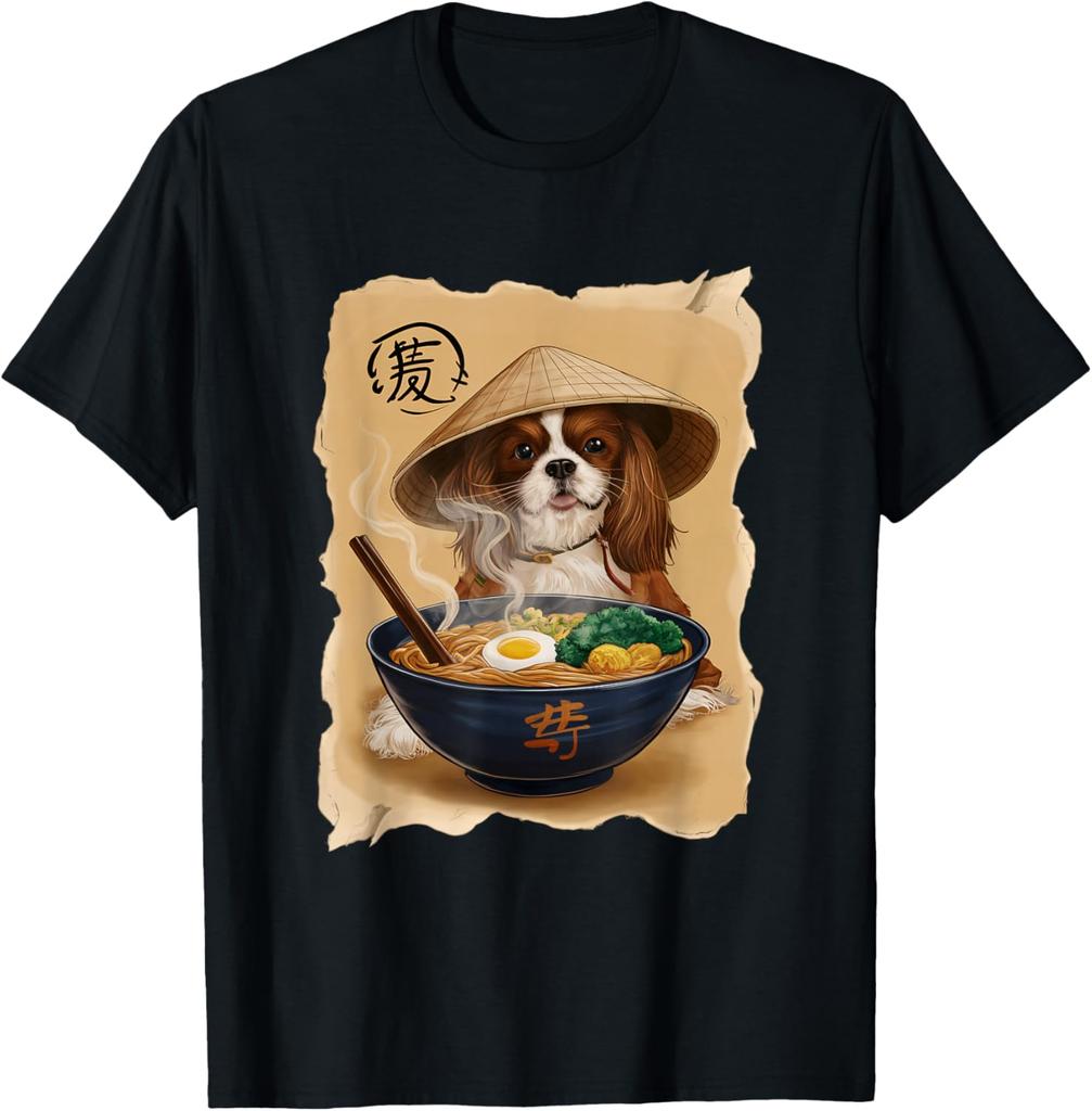Cavalier King Charles Spaniel Eating Ramen Graphic T-Shirt Cool Asian Style Print Men's Casual Tee
