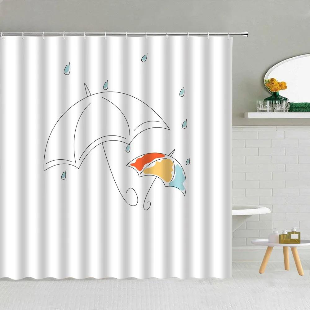 Cartoon Style Umbrella Printed Shower Curtain Colorful Rain Drops Boy Girl Bathroom Decor Waterproof Fabric Screen With Hooks