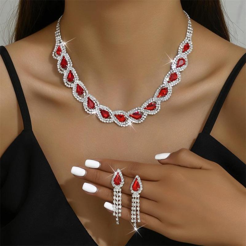 Jewelry Set Colored Water Drop Necklace Earrings Two-Piece Set Bridal Wedding Dress Versatile Fashion Accessories Women