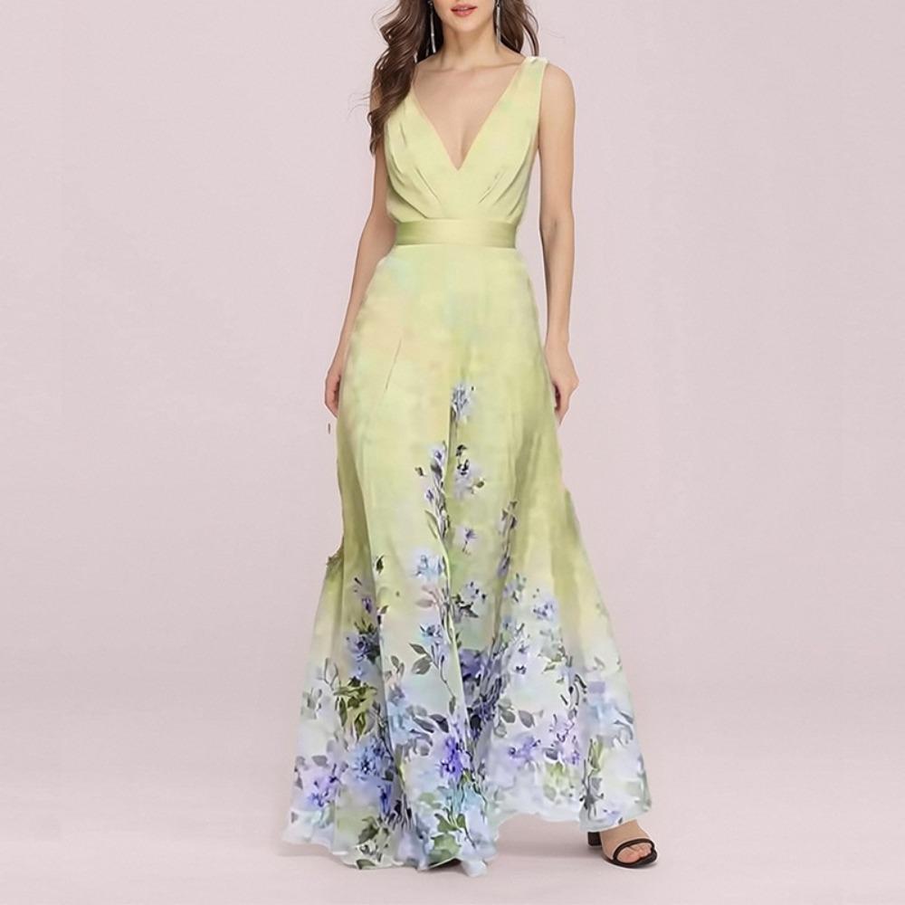 Women's V Neck Sleeveless Maxi Dress Slim High Waist Elegant Floral Print A-Line Dress Chiffon Formal Evening Gown